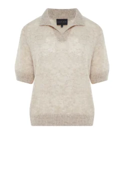 Beżowy sweter z kołnierzykiem polo z baby suri alpaką