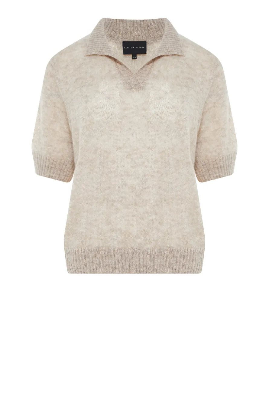 Beżowy sweter z kołnierzykiem polo z baby suri alpaką