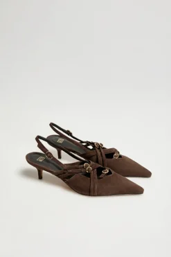 Czekoladowe buty slingback z zamszowej skóry
