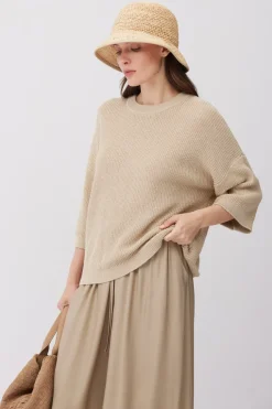 Luźny beżowy sweter z bawełną i lnem
