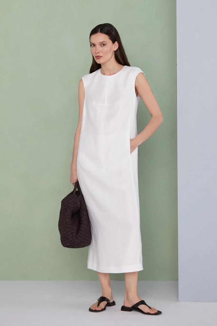 Midi sukienka off white z lnu